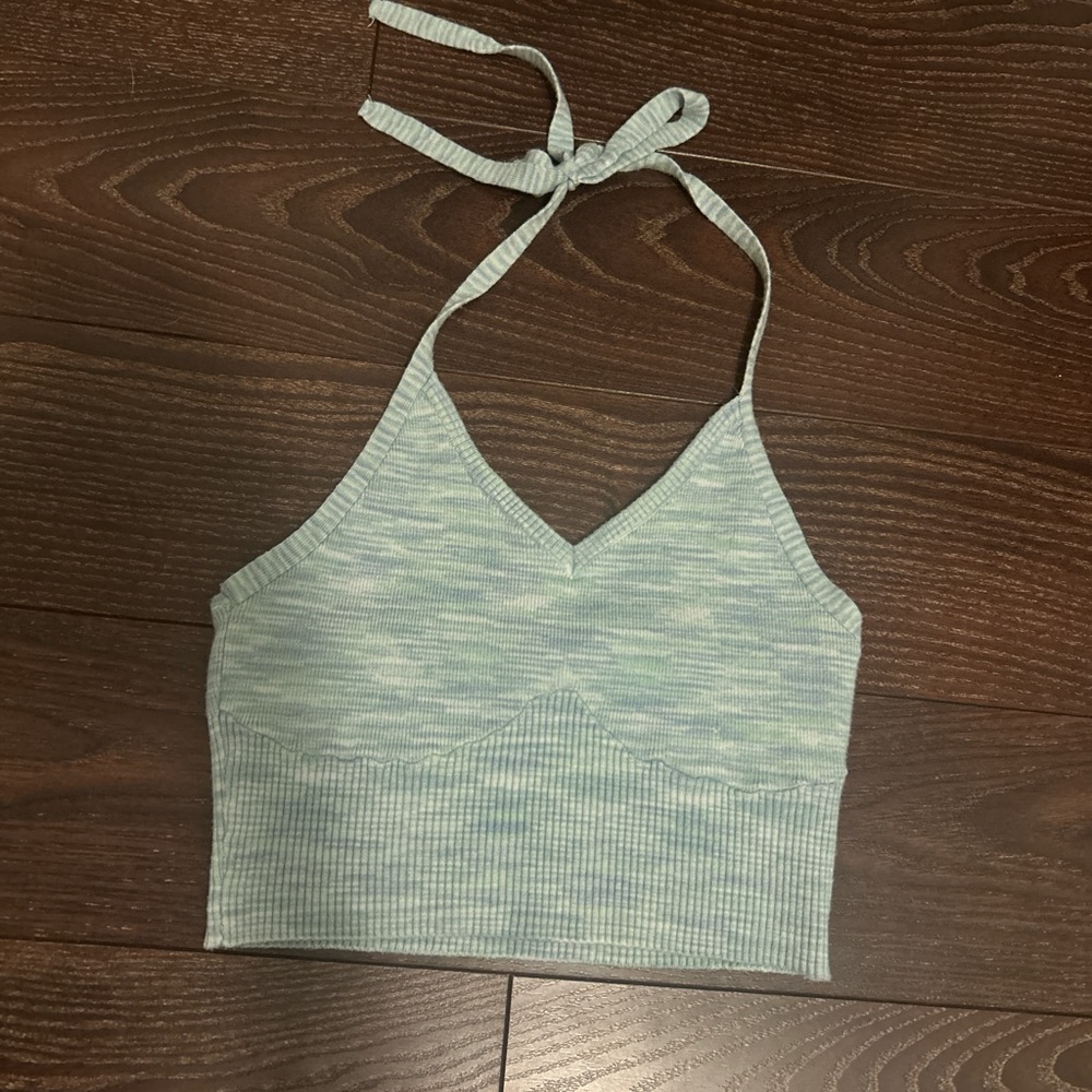 green and blue Ribbed Halter Crop Top